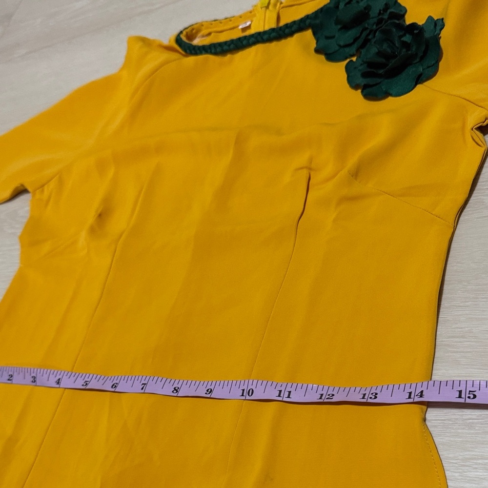 Mustard Ao Dai with Green Floral Accent Set Of 2 Top And Pants - Picture 7 of 9